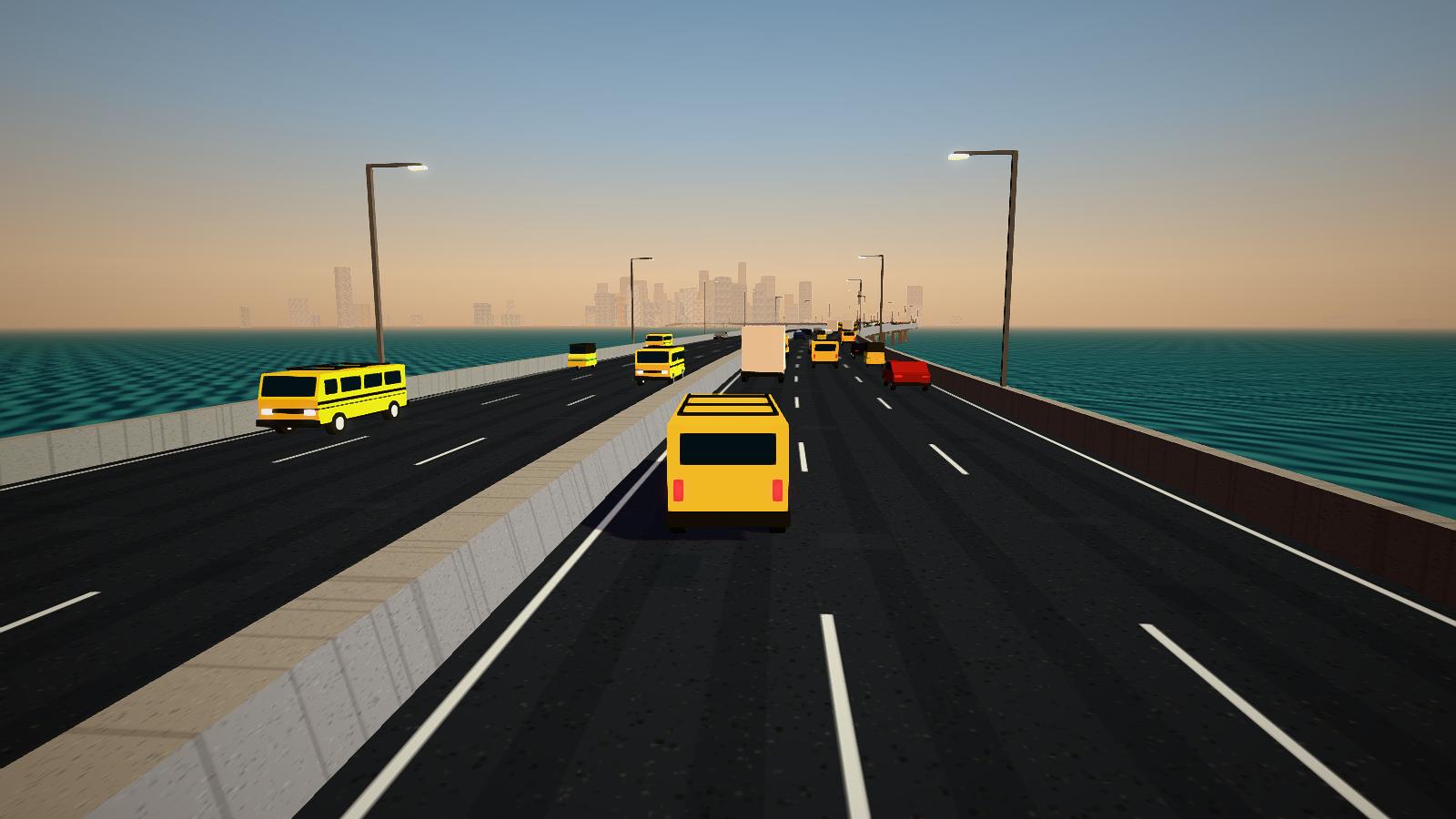 A yellow danfo crossing Third Mainland Bridge with the Lagos Island skyline ahead