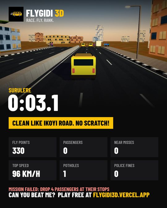 A FlyGidi 3D result card showing time, Fly Points and the verdict Clean like Ikoyi road