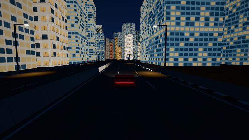 A red sports car racing through Victoria Island at night